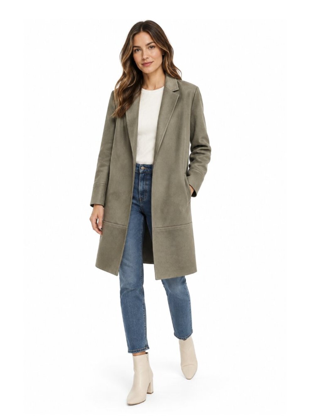 Zara Faux Suede Open Front Longline Coat – Olive Khaki – Size S